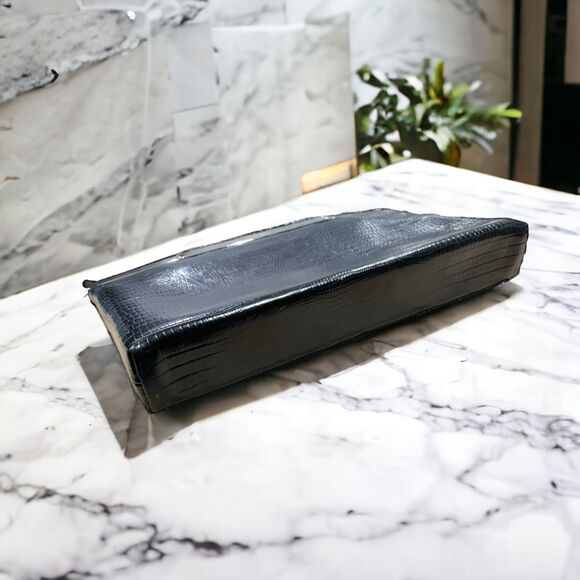 Vintage Black Lizard Embossed Evening Bag Crystals Authentic Pearls Strap - Picture 3 of 4